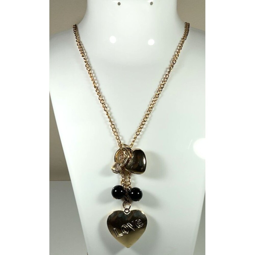Vintage Charm Necklace Two Gold Tone Hearts Black Beads Ring Charm Heart Opens
